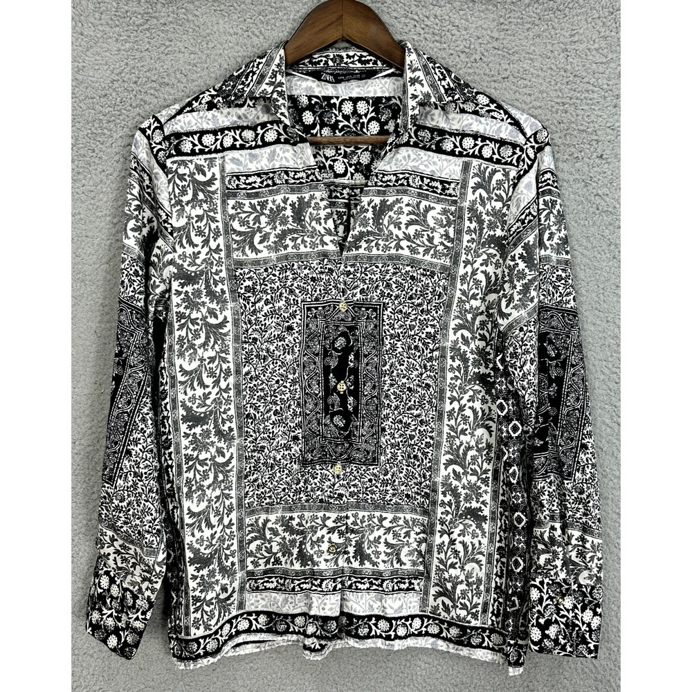 Zara Boho Patchwork Button Up Top Womens Small Black Paisley Indie Artsy Blouse